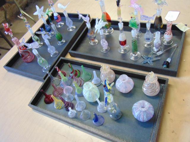 Large collection of art glass perfume bottles, Italian: Large collection of art glass perfume bottles, Italian hand blown, various figural stoppers, large collection, over 30 bottles & perfume funnels.