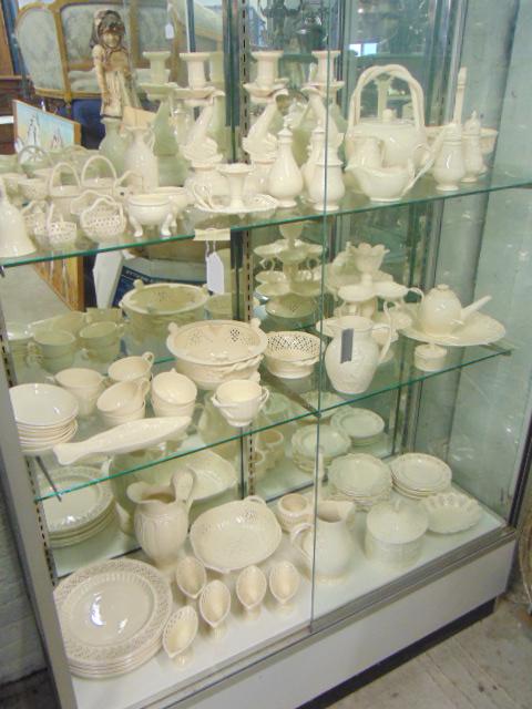 Large lot Leedsware Classical Creamware, 70 plus pieces: Large lot Leedsware Classical Creamware, 70 plus pieces selection including bowls, cups, candle holders (some dolphin), shakers, pitchers, tea pots, creamer, sugar & more, see images