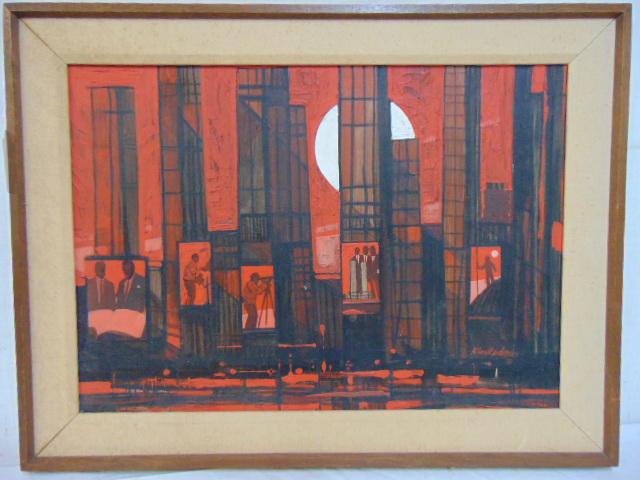 Painting, figures in windows, Allan Mardon, oil on: Painting, figures in windows, Allan Mardon, oil on canvas board showing a MCM style scene with various figures (architects) behind windows in cityscape, one window shows 3 figures studying a model of 