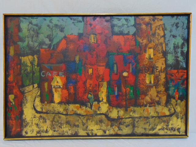 Painting, Hotel Cafe, by Dupree, cubist style street: Painting, Hotel Cafe, by Dupree, cubist style street scene, oil on canvas, 24" by 36"