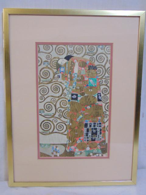 Gustav Klimt print, figure in robe, gilt highlights,: Gustav Klimt print, figure in robe, gilt highlights, detail, 10.5" by 6.75"