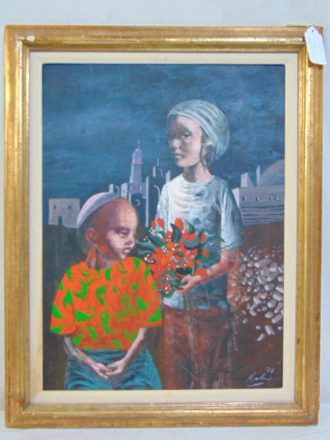 Painting, children, Noel Rockmore, oil on Masonite, two: Painting, children, Noel Rockmore, oil on Masonite, two children holding flowers, mosque (?) in background, 1968, 24" by 18"