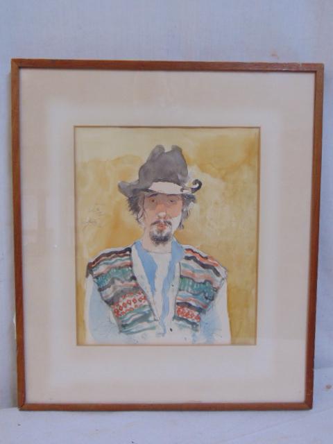 Painting, portrait, Noel Rockmore, watercolor on paper,: Painting, portrait, Noel Rockmore, watercolor on paper, man with hat, dated 1966, 12" by 10"