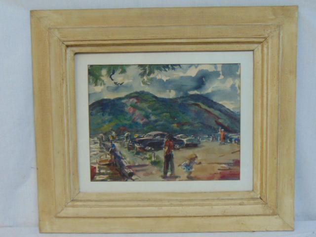 Painting, "Cold Spring Dock", Beata Beach Porter,: Painting, "Cold Spring Dock", Beata Beach Porter, watercolor on paper, various figures and cars on Cold Spring dock, mountains in background, 13" by 17"