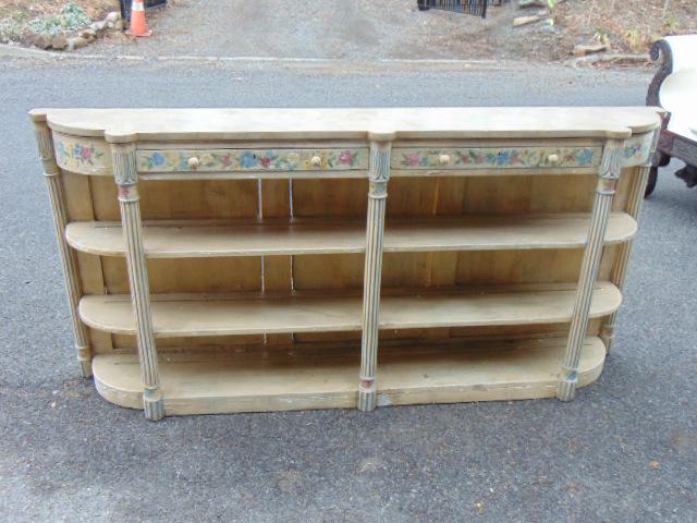 Victorian paint decorated etagere, credenza: Paint decorated etagere bookcase or credenza, 2 drawers, floral decorations, server is 72" by 12.5", height is 34.25", late 19th Century.
