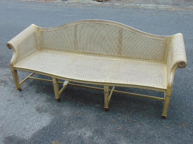 Caned seat & back sofa in beige, fine quality 8 legged: Caned seat & back sofa in beige, fine quality 8 legged sofa with scrolled arms, caned seat & caned back, in excellent condition, sofa is 81" by 25", height is 33.5"