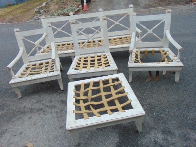 Painted wood sofa & chairs, decorative white painted so: Painted wood sofa & chairs, decorative white painted sofa set, includes 2 arm chairs, chair & ottoman, no pillows, webbing needs replacing, sofa is 90" by 30", height is 37.5", chairs are 32" by 28",