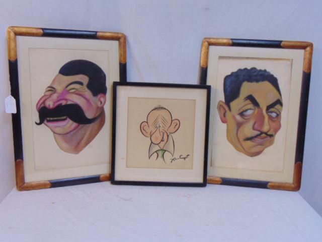 3 caricature drawings, watercolors, Xavier Cugat (12": 3 caricature drawings, watercolors, Xavier Cugat (12" by 11.25" & 2 signed Aquiles Caceres (?), Mexico, 1940, 19.5" by 12.5"