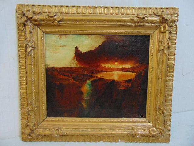 Painting, sunset over lake with waterfall, volcano &: Painting, sunset over lake with waterfall, volcano & dramatic sunset in distance, oil on canvas, unsigned, in gilt frame, canvas is 13" by 16"