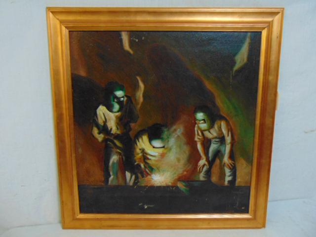 Painting, welders, Bogard, Bogant (??), oil on: Painting, welders, Bogard, Bogant (??), oil on cardboard, 3 welders at work, signed illegibly lower right, see images, painting is 24" by 23", note images of signature taken with flash.