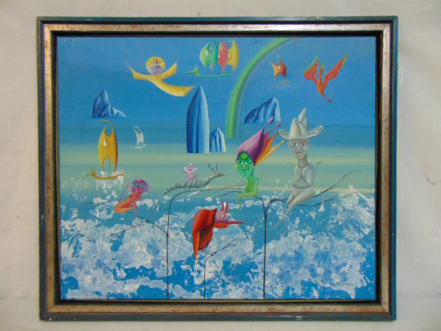 Painting, surrealist scene, Jan Ton van den Bergen,: Painting, surrealist scene, Jan Ton van den Bergen, acrylic on canvas with various surreal figures & subjects, canvas is 19.75" by 23.5"