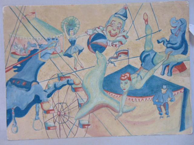 Painting, circus scene, Y. Rubin, oil on Masonite,: Painting, circus scene, Y. Rubin, oil on Masonite, circus scene with acrobats, clowns, trapeze artists, carnival elements as well, 19" by 26.25"