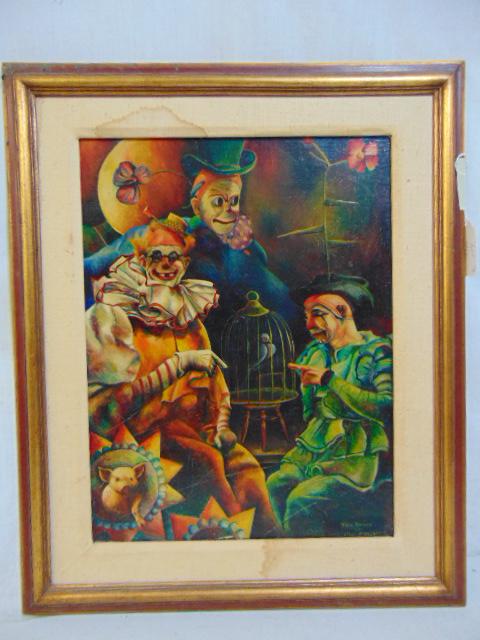 Painting, "Stool-Pigeon", Hope Shipper, 1937", oil on: Painting, "Stool-Pigeon", Hope Shipper, 1937", oil on Masonite showing clowns around a birdcage, 19.5" by 15"