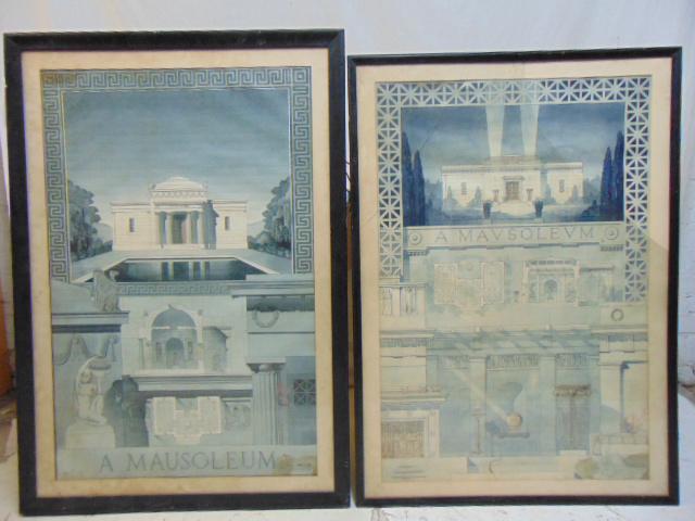 Two architectural renderings, Mausoleums, includes "A: Two architectural renderings, Mausoleums, includes "A Mausoleum, Vulture", Walter Garlow, Syracuse University, 36" by 23.5" & "A Mausoleum, Adoez", by Vince Miller, ateliers Syracuse university, 35.25