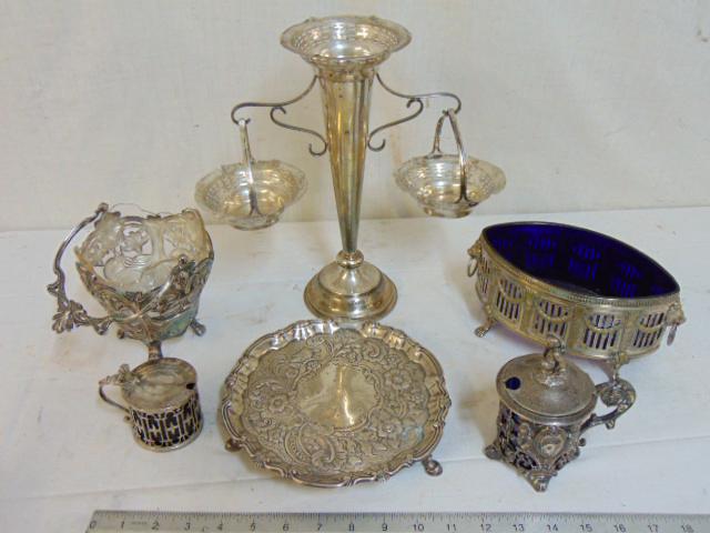 Mixed silver & plate lot, includes large sp bowl with: Mixed silver & plate lot, includes large sp bowl with cobalt insert (master salt ?), art nouveau '800 silver basket with handle with glass insert, 8" footed plateau with floral & bird decoration, 2 su