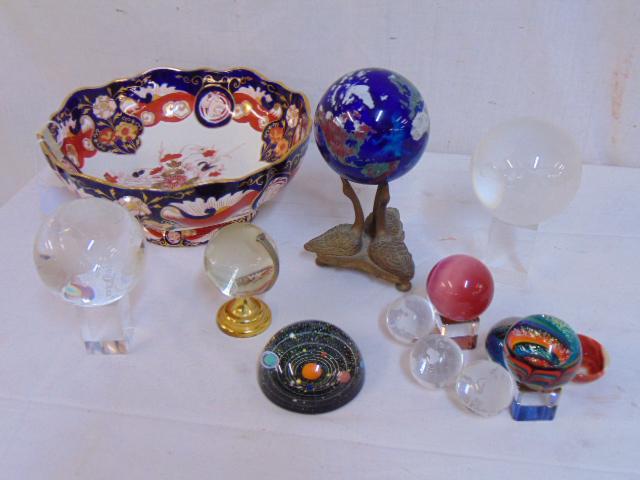 art glass globes & paperweights, including "Planet: art glass globes & paperweights, including "Planet Earth" ball, various colors & designs, comes with Mason's ironstone bowl.