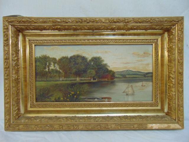 Painting, Sears Pond, Maine, Katherine Powers (?: Painting, Sears Pond, Maine, Katherine Powers (? written on reverse on stretcher, front unsigned), oil on linen, landscape with house by lake, sailboats, in gilt frame, 8" by 16.25", label on stretche