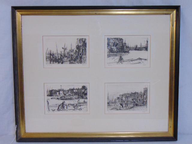 4 James Abbott McNeill Whistler Etchings, framed in: 4 James Abbott McNeill Whistler Etchings, framed in single frame, 20th Century, includes "Lime House", Eagle Wharf", "Black Lion Wharf" & "Thames Police", each etching is 6" by 9" (measured from front