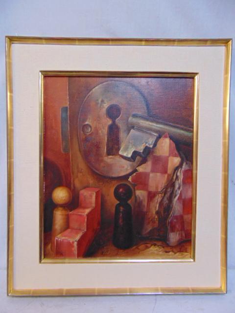 Painting, Samuel Bak, Surrealist oil on linen,: Painting, Samuel Bak, Surrealist oil on linen, "Opening", 1985 18" x 15", purchased at Pucker Gallery Boston, MA