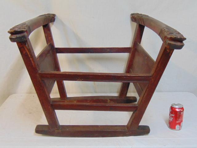 Chinese carved stool frame, in red & black paint,: Chinese carved stool frame, in red & black paint, calligraphy, no seat, as shown 30" by 25", height is 20.25"