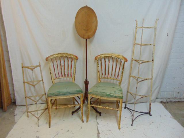 Assembled lot, pair chairs, iron plate racks & fire: Assembled lot, pair chairs, iron plate racks & fire screen, pair painted chairs, old traces of gilt, 2 white painted iron plate stands & oval paint decorated screen on pole.NOTE, bottom tall plate rac