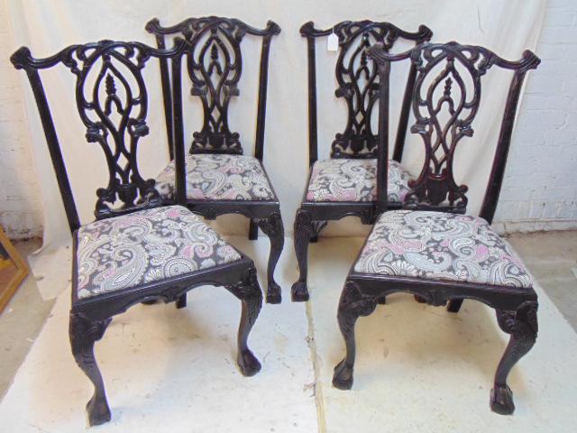 Set 4 Chippendale style chairs, painted black,: Set 4 Chippendale style chairs, painted black, repaired, new upholstered seats, two have cracks in back support, see images.