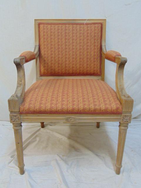 French carved & upholstered armchair, carved arms,: French carved & upholstered armchair, carved arms, orange pattern upholstery, clean.