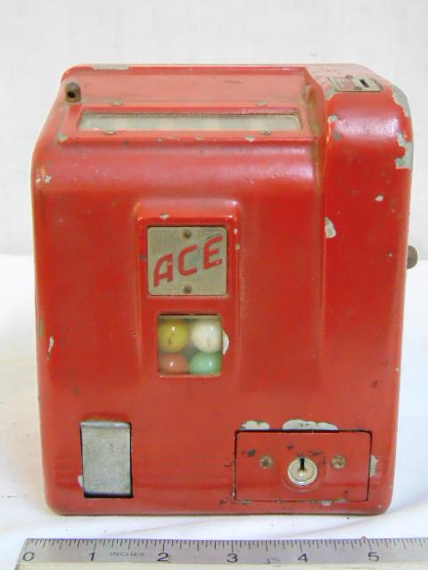 “ACE” Coin operated Trade Simulator, in red: “ACE” Coin operated Trade Simulator, in red paint, back panel missing, 5.5" wide, 4.5" deep, 6.75" tall, some paint chips, no key.