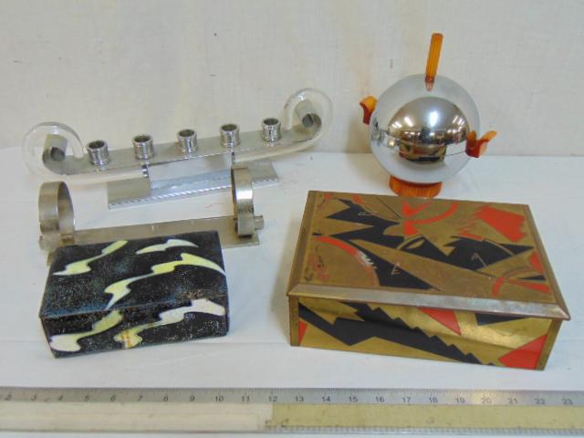 Art Deco lot, Chrome ball shaped bowl with lid, by: Art Deco lot, Chrome ball shaped bowl with lid, by Revere, Rome, chrome & Lucite candle holder for 5 candles, ring holder (? part), enameled box "Hutch", with leather interior & some chips & decorativ
