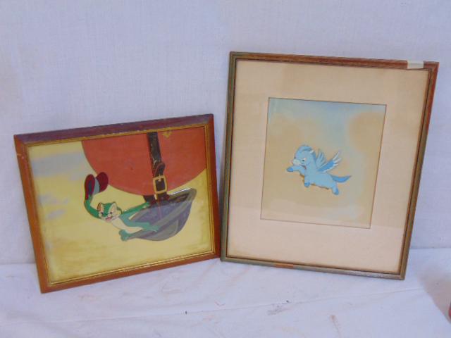 2 cartoon cells, "Fantasia" & Frog in helmet, Fantasia: 2 cartoon cells, "Fantasia" & Frog in helmet, Fantasia cell is 8.75" by 7.5", frog is 9.5" by 11.25", Frog cell shows wear, some flaking paint in balloon area.