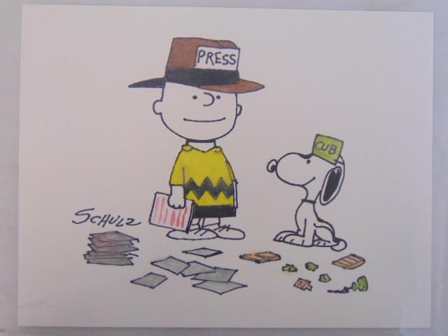 Drawing, Charlie Brown & Snoopy, ink on paper, Charles: Drawing, Charlie Brown & Snoopy, ink on paper, Charles Schultz, 5.75" by 7.5", with copy of prior invoice, Jenack Auctioneers.