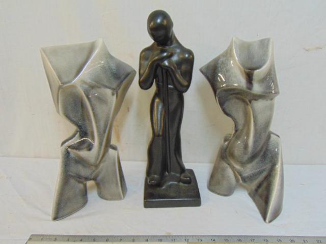 Pair glaze torso sculptures & Royal Haeger ceramic: Pair glaze torso sculptures & Royal Haeger ceramic figure leaning on pole, torsos are 14.25" tall, all in good condition.