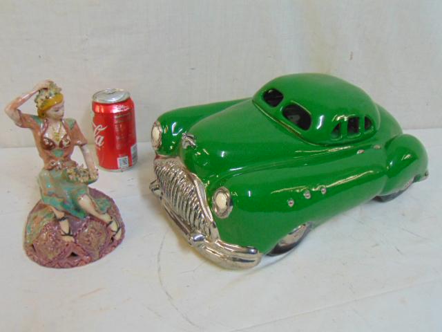 Appelman car cookie jar & Joy Thompson ceramic figure,: Appelman car cookie jar & Joy Thompson ceramic figure, green glazed ceramic cookie jar, lid has crack & pottery figure "Fair Damsel", signed Joy Thompson, Pasadena California.