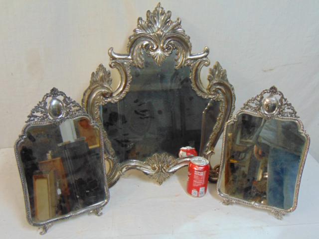 3 silver plated vanity mirrors, pair & single, pair is: 3 silver plated vanity mirrors, pair & single, pair is 15.5" by 9.5", one is monogrammed, single mirror is 24" by 19.5"