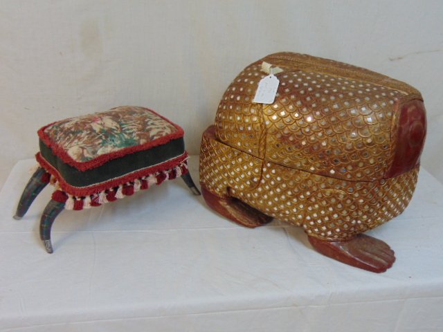 Thai carved figural box & Horn footed stool: Thai carved figural box & Horn footed stool, Thai box shaped like animal, in red paint with applied mirror mosaic & paint decorated stool with horn legs, horns are painted.