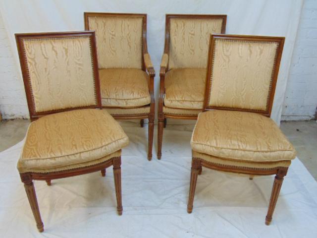 Set 4 upholstered chairs, 2 arm, 2 side, carved wood (1 of 5)