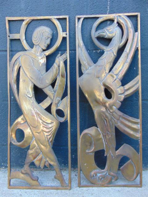 Art Deco brass panels, winged griffin & figure, each is (1 of 4)