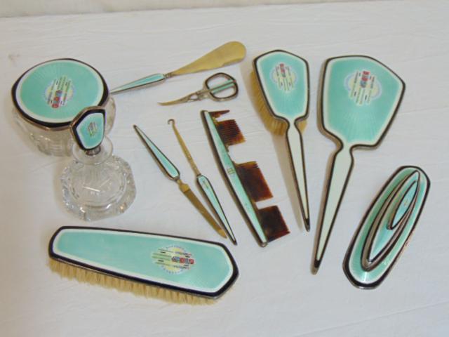 Foster & Bailey sterling silver Guilloche enamel: Foster & Bailey sterling silver Guilloche enamel dressing set/vanity set. 11 pieces total. enamel covered cut crystal jar; cut crystal perfume w/ stopper; enamel hand mirror; enamel hairbrush; enamel 