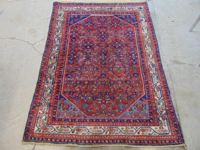 Persian carpet, red & blue, old label, made in Iran, (1 of 5)