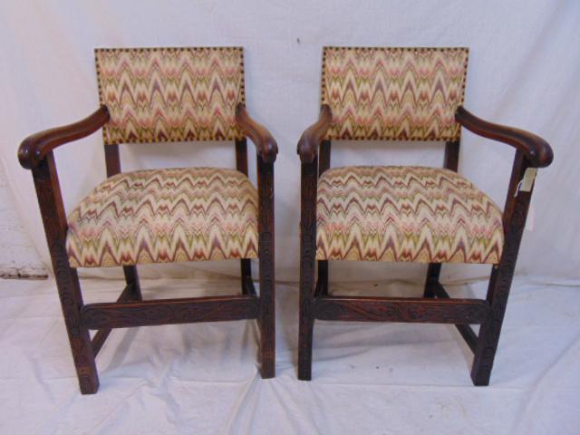 Pair antique arm chairs, carved wood frames with (1 of 5)