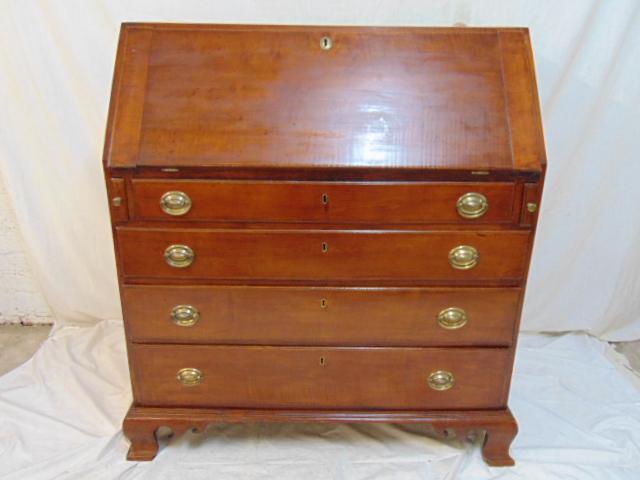 Antique tiger maple slant front desk, 4 drawer base, (1 of 10)
