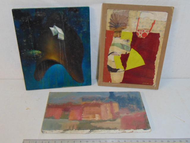 Art lot, Deborah Zlotsky, George North-Morris, includes: Art lot, Deborah Zlotsky, George North-Morris, includes 3 paintings, oil on masonite, "Tete A Tete" by George North-Morris; Oil on wood panel, "Battalogical", by Deborah Zlotsky, in as is condition, h