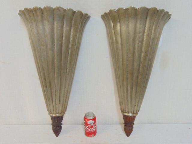 Pair vintage carved wood Art Deco wall sconces, vase (1 of 5)