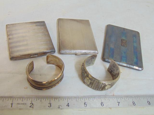 3 silver cigarette cases & 2 cuffs, cuffs are Native (1 of 6)