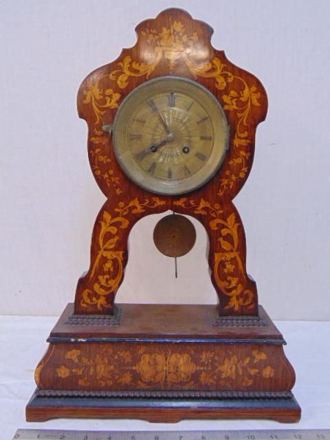 Inlaid antique mantle clock, brass dial, clock is 18.5" (1 of 7)