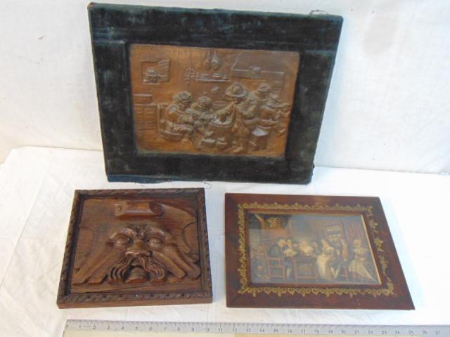 Art lot, wood carved plaque, copper relief plaque & (1 of 4)