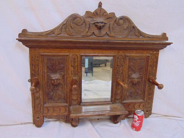 Oak hall mirror, coat rack, with beveled glass mirror, (1 of 4)