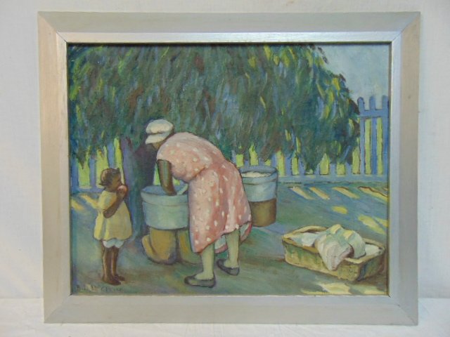 Painting, laundry, B.D. McGavock (Bessie Dawson), oil: Painting, doing laundry, B.D. McGavock (Bessie Dawson), oil on canvas with mother washing linens with child looking on, canvas is 16" by 20"