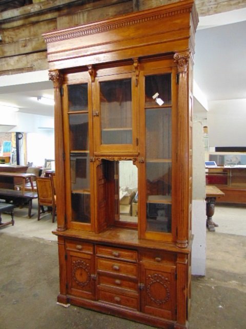 Large carved oak cabinet, glass doors, columns (1 of 13)