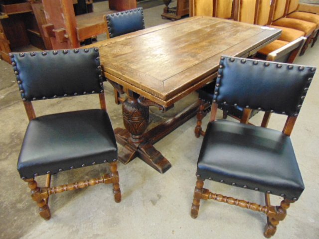 Oak refractory table, & chairs, stretcher base, carved (1 of 8)